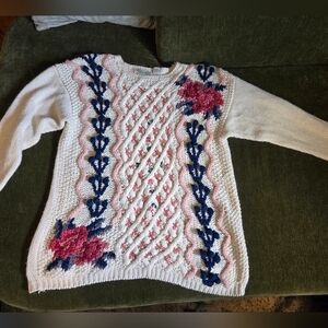 1980s M Shenanigans Elegant Floral Knit Sweater - White, Pink, and Blue